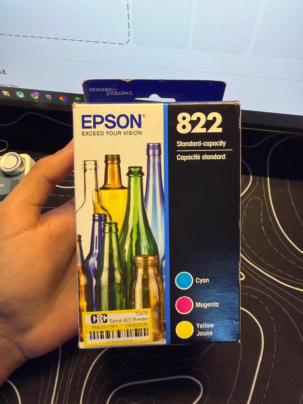 New Epson Genuine 822 Standard Capacity, Cyan, Magenta, Yellow – exp: 11/2027