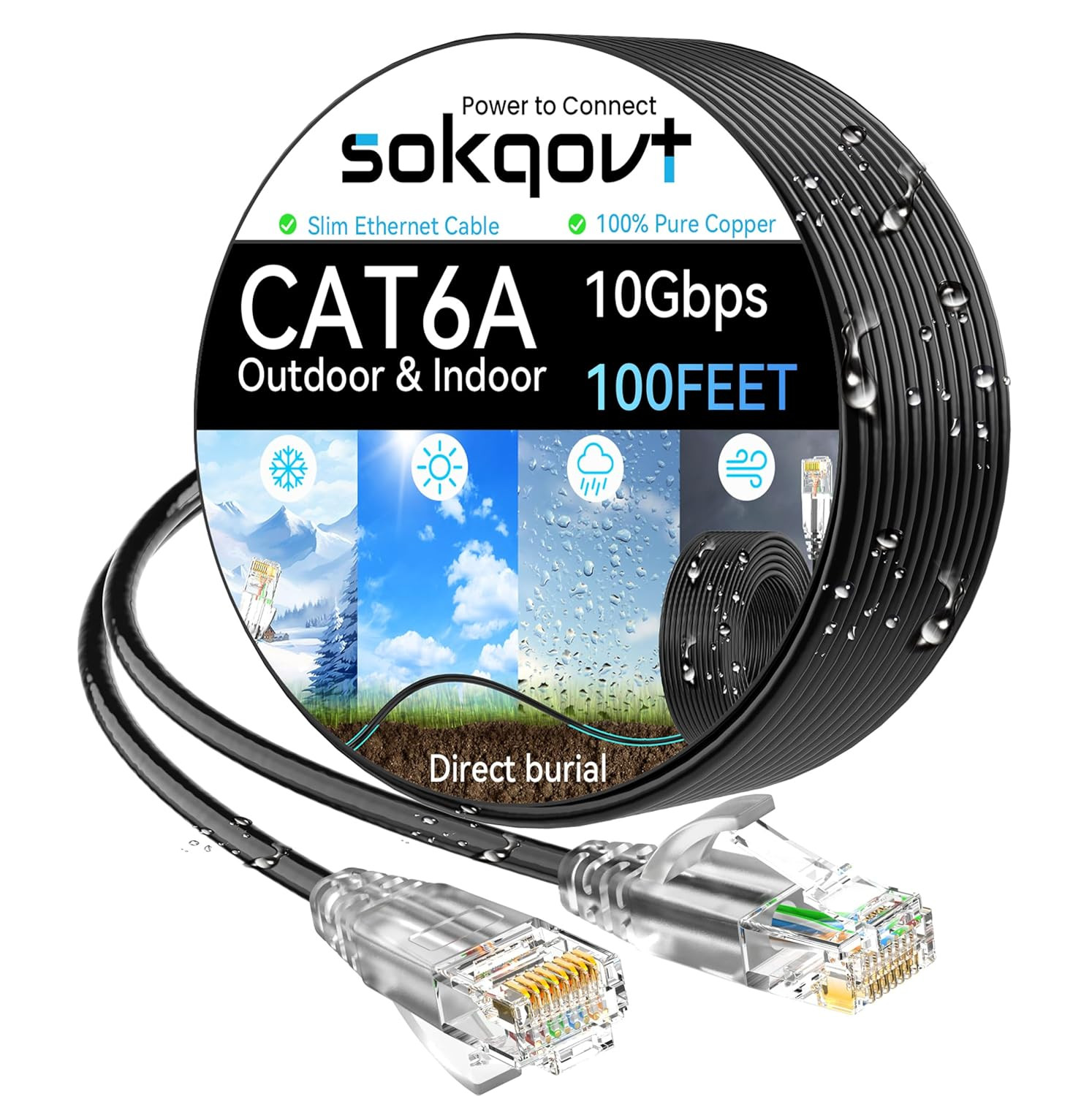 Cat6a Ethernet Cable Slim 100ft Outdoor&Indoor 28AWG Pure Copper Cat6 Internet