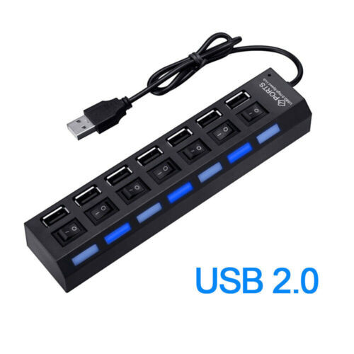 USB Hub 7 Port On/Off Switch High Speed Splitter AC Adapter Cable PC Laptop Lot