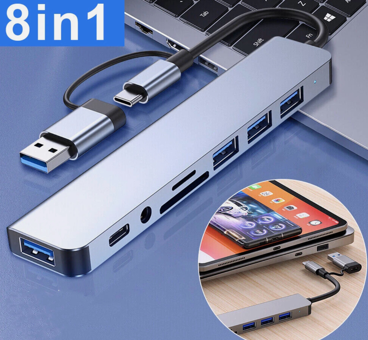 TYPE C ADAPTER 8 IN 1 (TF,SD,AUDIO,USB3.0,USB2.0,USB/C) FOR MACBOOK Laptop/PC