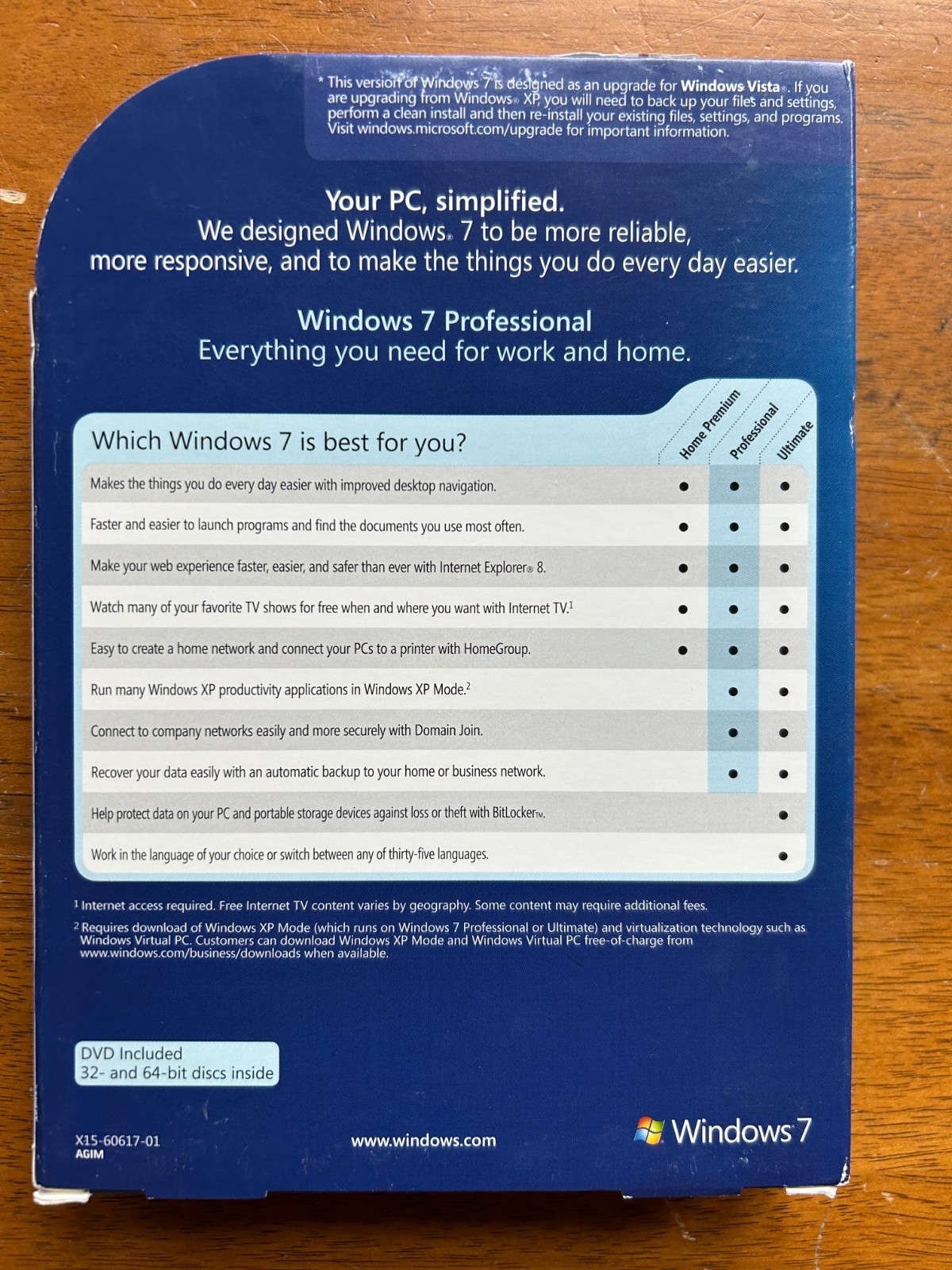 Microsoft Windows 7 Professional Upgrade 32/64 DVD with Key in Retail Box