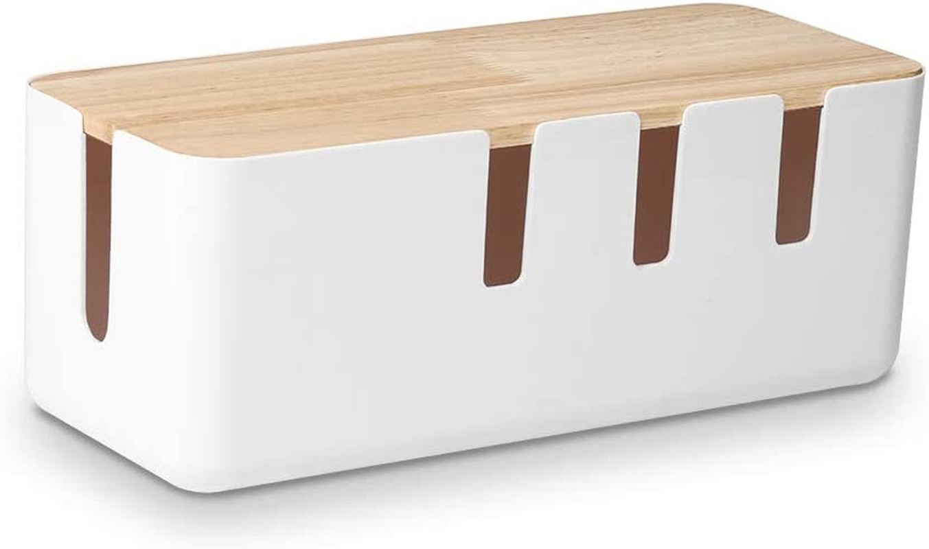 Cable Management Box Wood Lid 12x5x4.5in Wire Cord Organizer for Desk TV PC