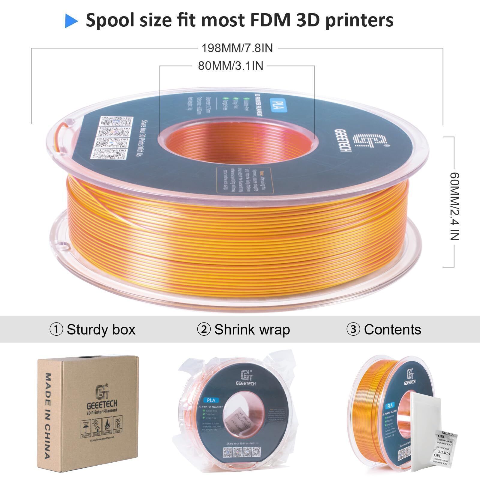 GEEETECH 3D Printer Filament 1KG PLA Silk Dual/Tricolor Silk Gradient Silky PLA
