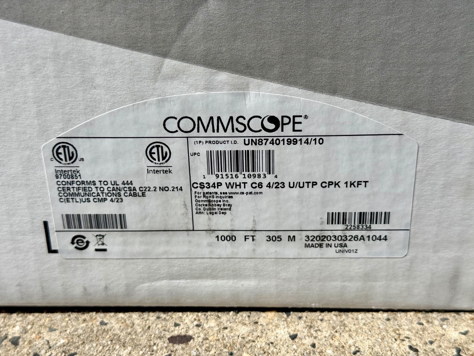 CommScope CS34P Cat6 Cable 4/23 Plenum Cable White 1000ft UN874019914/10
