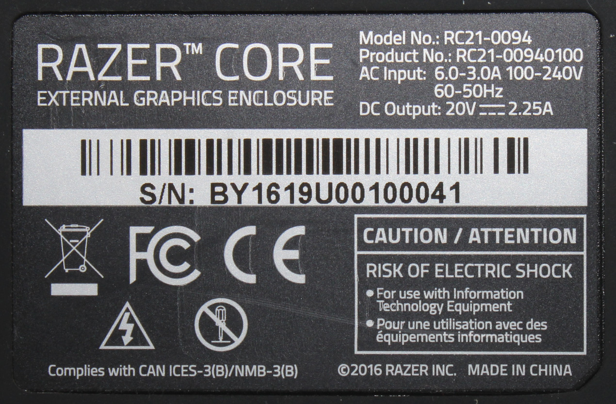 Razer Core V1 RC21-00940100 Thunderbolt 3 eGPU External Graphics Enclosure 500W