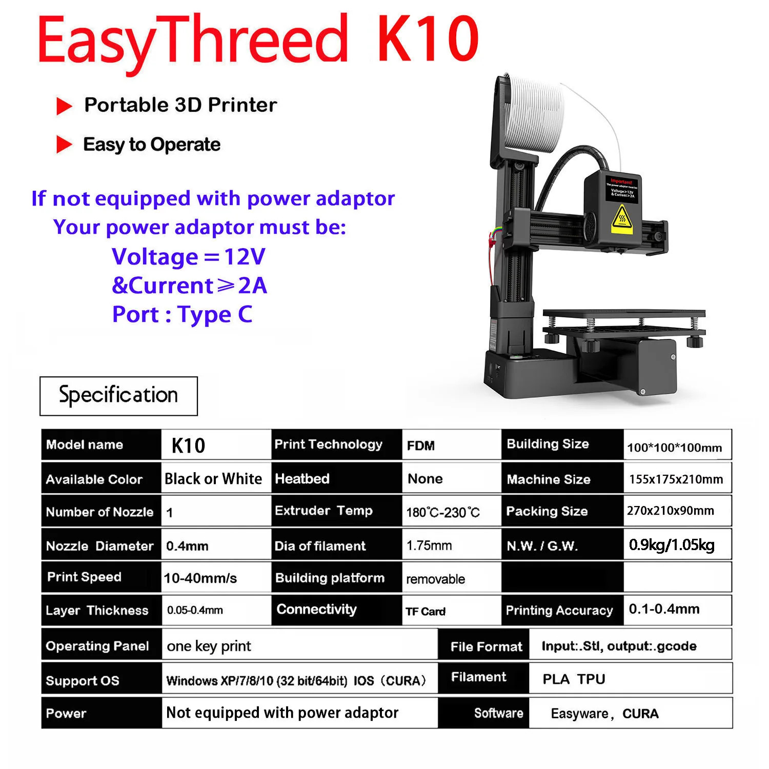 Entry-Level 3D Printer Compatible with PLA and TPU 1.75mm Filament, Includes Ada