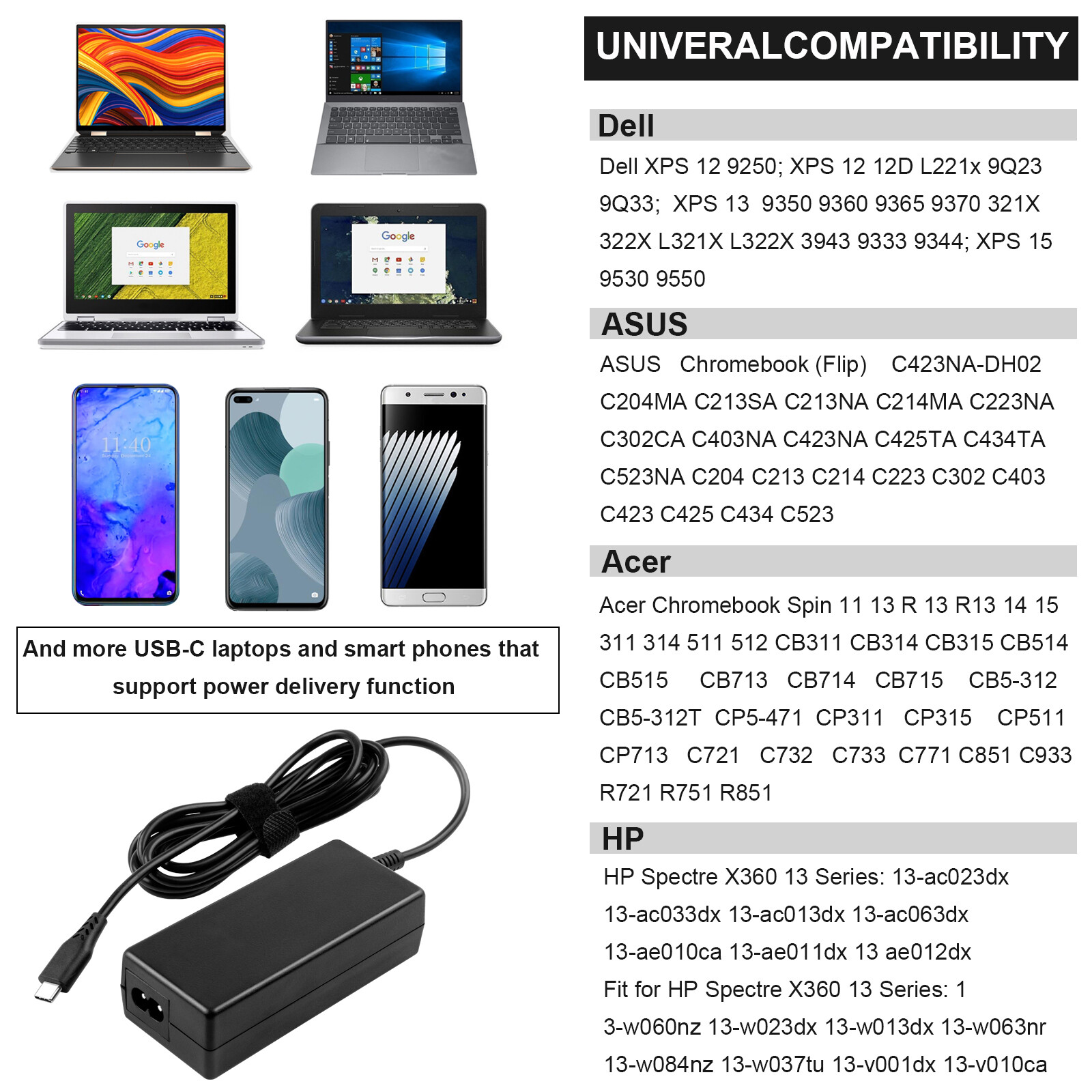 45W 65W 90W Charger for HP Pavilion Envy Notebook PC Laptop AC Adapter Type-C