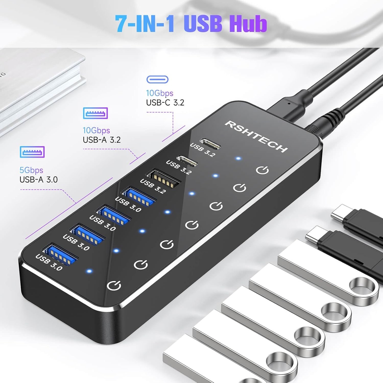 7 Port Powered USB 3.2 Hub 10Gbps USB C USB A Splitter Laptop PC Switches