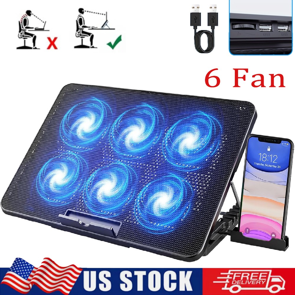 Upgraded Foldable Laptop 6 Quiet Cooler Cooling Pad Stand With Phone Holder