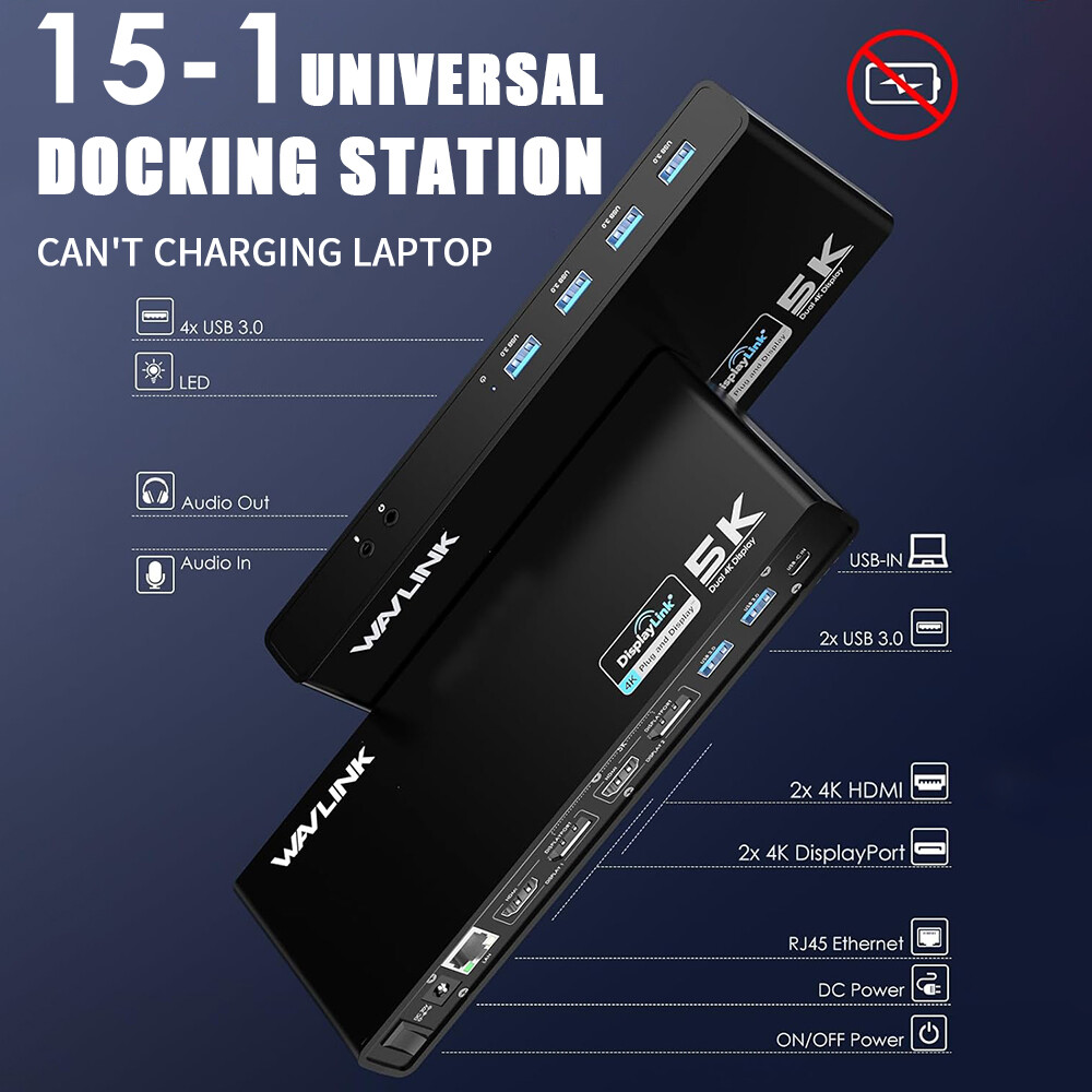 WAVLINK Dual HDMI Dual DP DisplayLink Docking Station USB C Hub RJ45 6*USB 3.0
