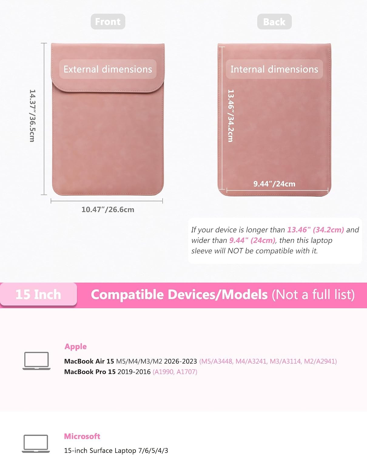 15″ Pink Faux Suede Laptop Sleeve Case for MacBook Air 15 M5 A3448 M4 A3241 M3 A