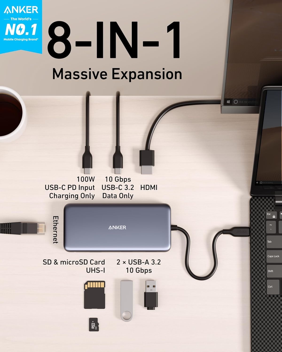 Anker 8-in-1 USB-C Hub HDMI 4K Ethernet 85W PD USB 3.2 SD Card Reader 10Gbps