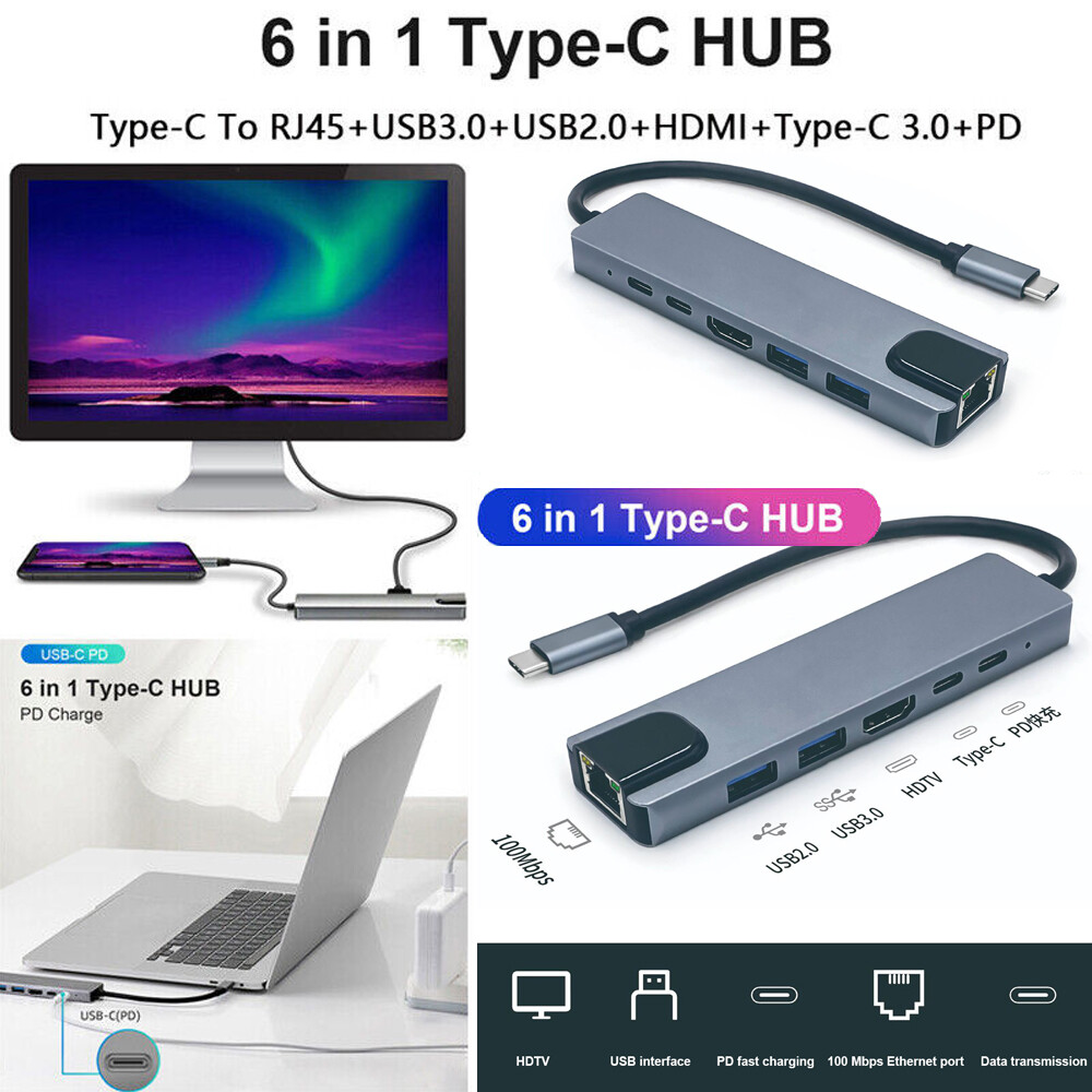6 in 1 USB C HUB Type-C Multi USB Port 4K HDMI Adapter Dock RJ45 Ethernet USB-C