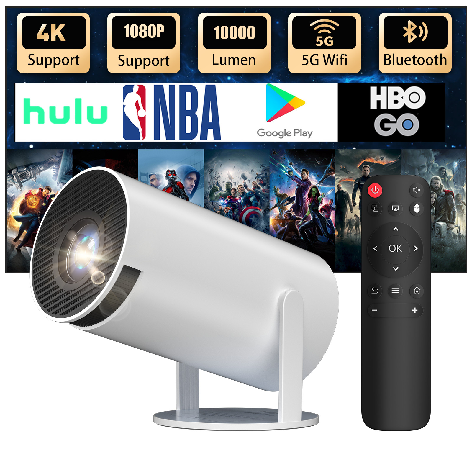 4K Mini Projector 10000 Lumen LED 1080P WiFi Bluetooth UHD Portable Home Theater
