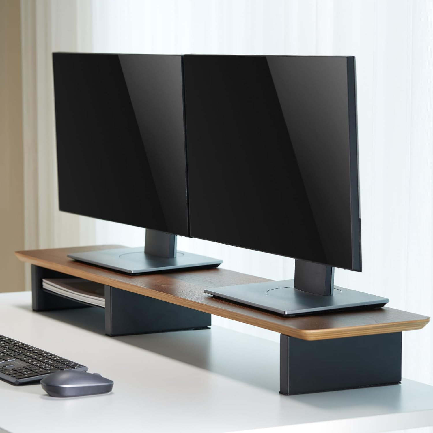 XL Walnut Wood Monitor Stand for 2 Monitors – 44 Inch Desk Shelf