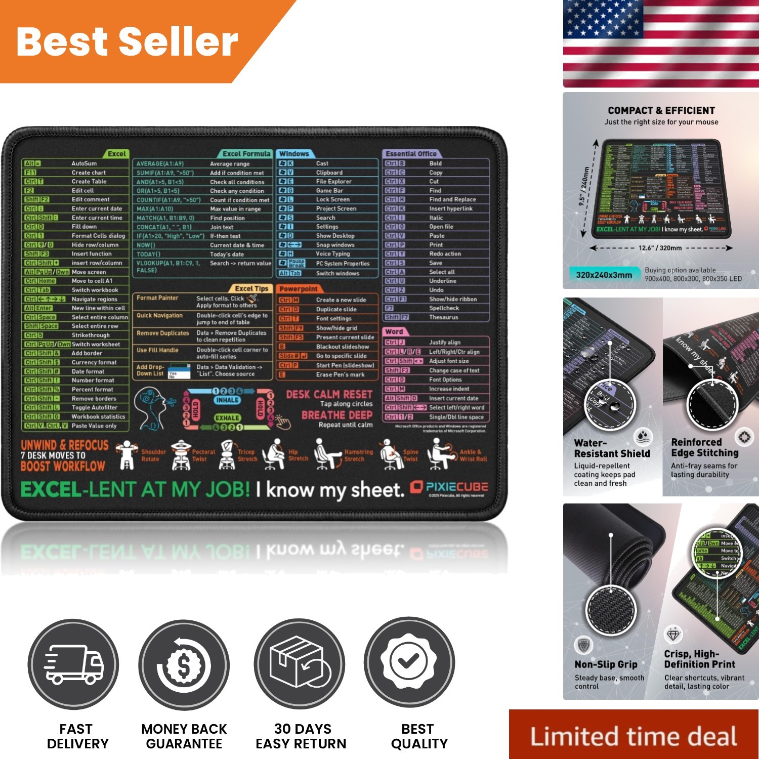 Excel Shortcuts Mouse Pad & Gaming Accessory | Washable, Non-Slip| 12.6×9.5 in