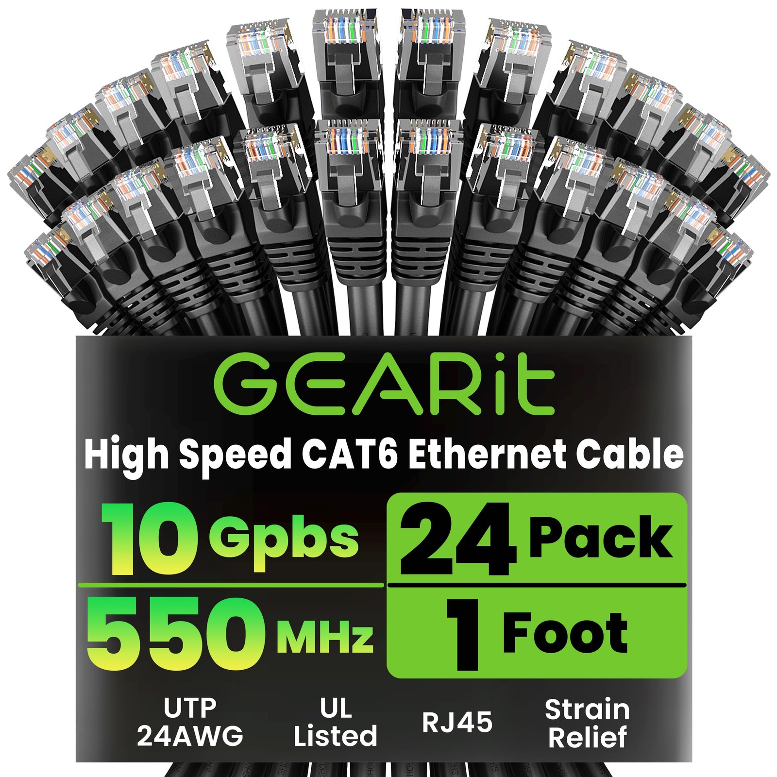 GEARit Cat 6 Ethernet Patch Cables 1 ft Black (Cat 6 1 Foot,