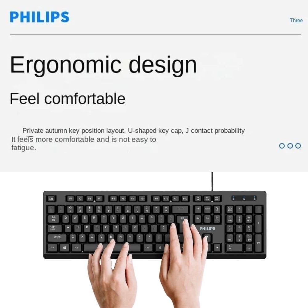Philips USB Keyboard for Home or Office – 104/105 Quiet-Click Keys, Ergonomic, L