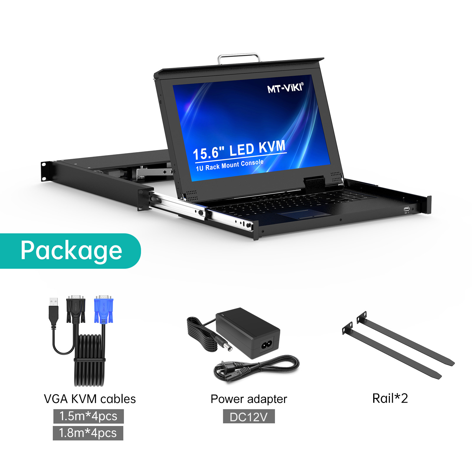 MT-VIKI 15.6″ LCD KVM Switch Console 8 port VGA, 1U Rackmount 23.6-31.5′ Deepth