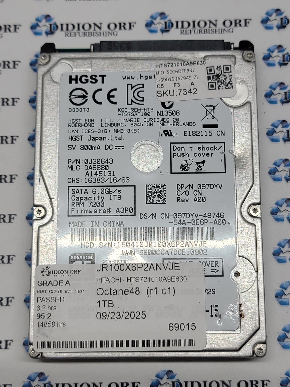 HITACHI 1TB 2.5″ SATA HDD 7200 RPM HTS721010A9E630, GRADE A, SKU 7342