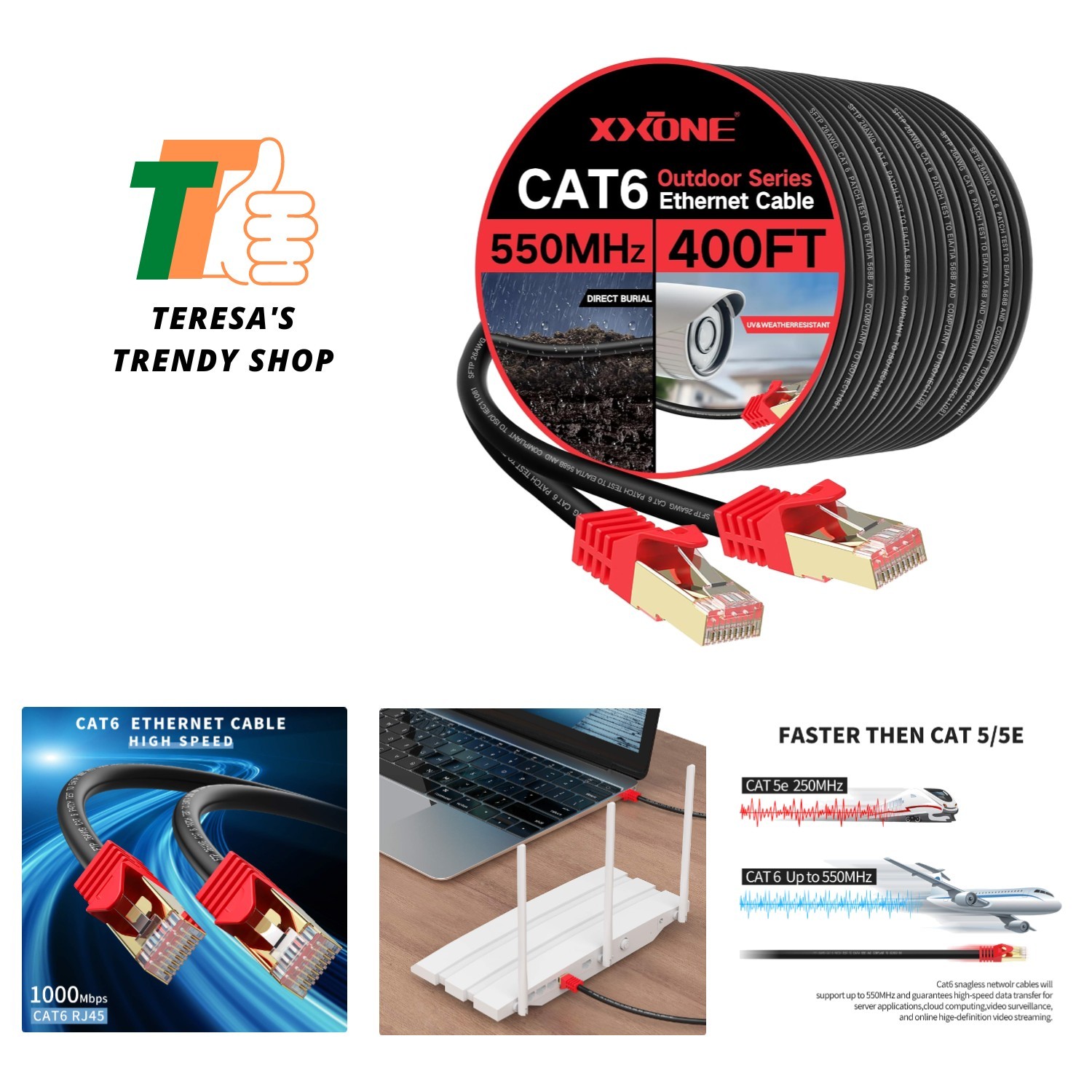 Outdoor Cat 6 Ethernet Cable 400ft, 26AWG Heavy-Duty Cat6 Networking Cord Pat…