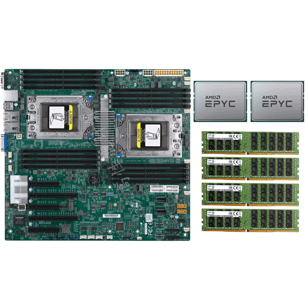 Supermicro H11DSi-NT Motherboard+ 2x AMD EPYC 7542 CPU, Up to 3.4GHz + 128GB RAM
