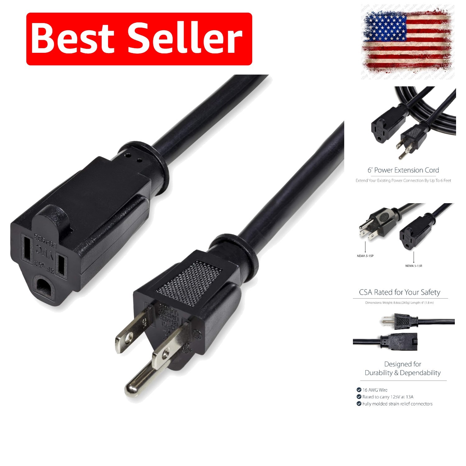 6ft 2m Power Extension Cord, NEMA 5-15R to NEMA 5-15P Black Extension Cord, 1…