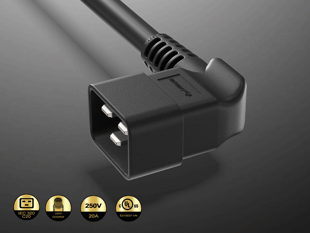 3ft C19 to Right Angle C20 Power Cord 12AWG 20A/250V SJT UL, Black