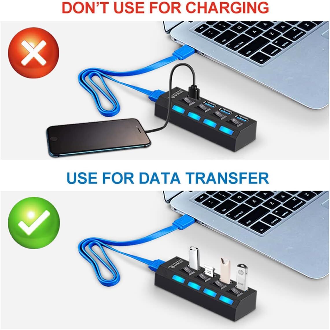 USB Hub 7 Port On/Off Switch High Speed Splitter AC Adapter Cable PC Laptop Lot