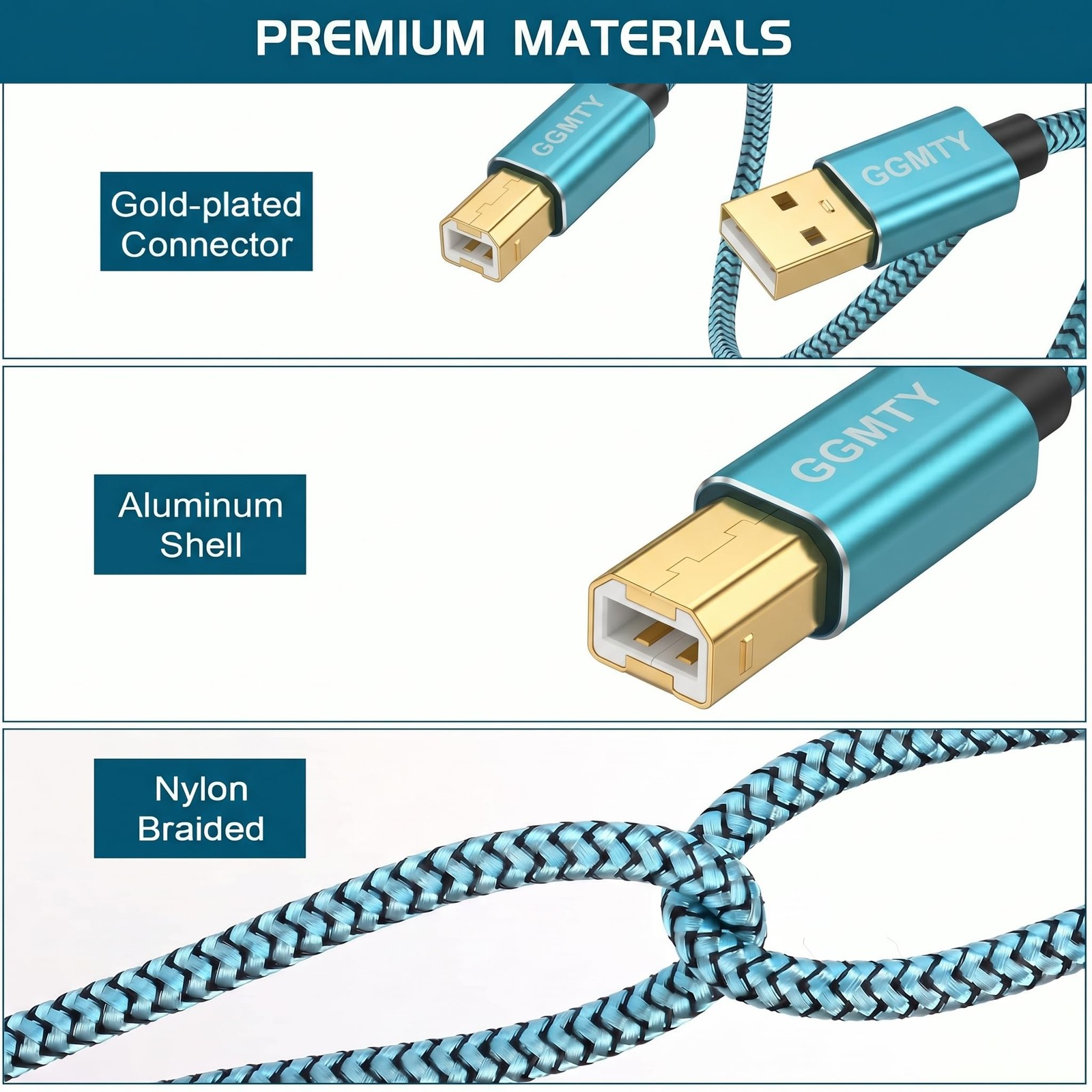 GGMTY 6ft USB Printer Cable, Nylon Braided 2.0 Type A to B Male 6FT, Blue