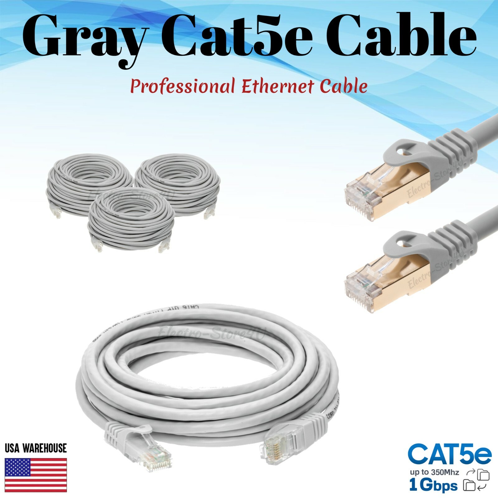 Cat5e Ethernet Patch Cable Gray 1.5 3 5 6 7 10 15 20 25 30 50 75 100 200 FT Lot