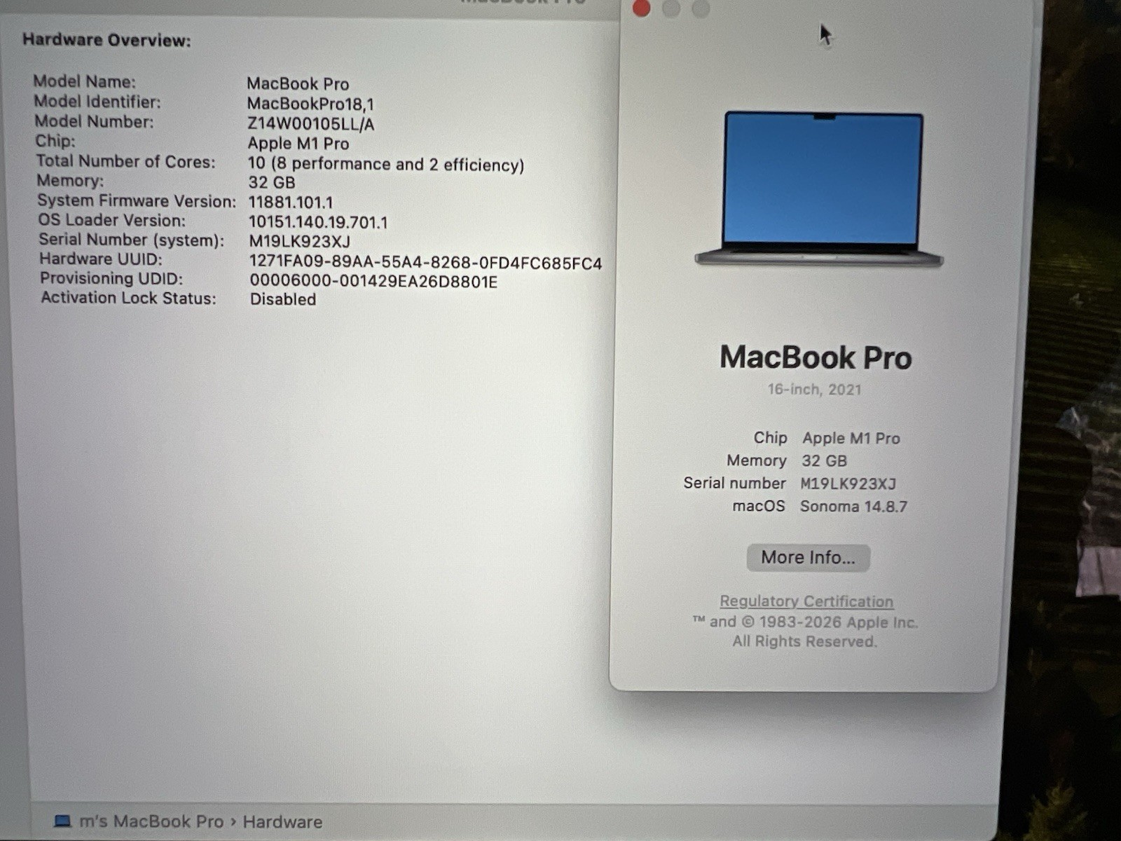 Apple MacBook M1 Pro 16″ 2021 10-Core 1TB SSD 32GB RAM A2485 BAD BATTERY