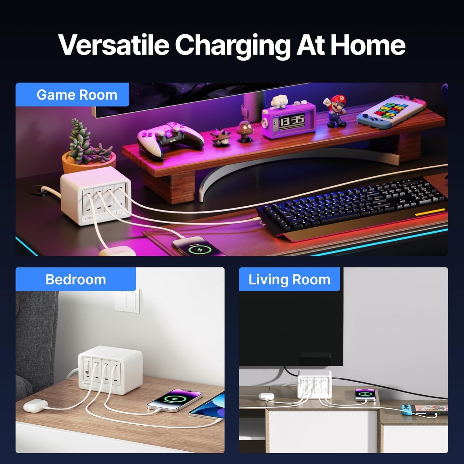 Gitryin Desktop Charging Station Retractable Cable Wall Charger AC/USB/Type-C