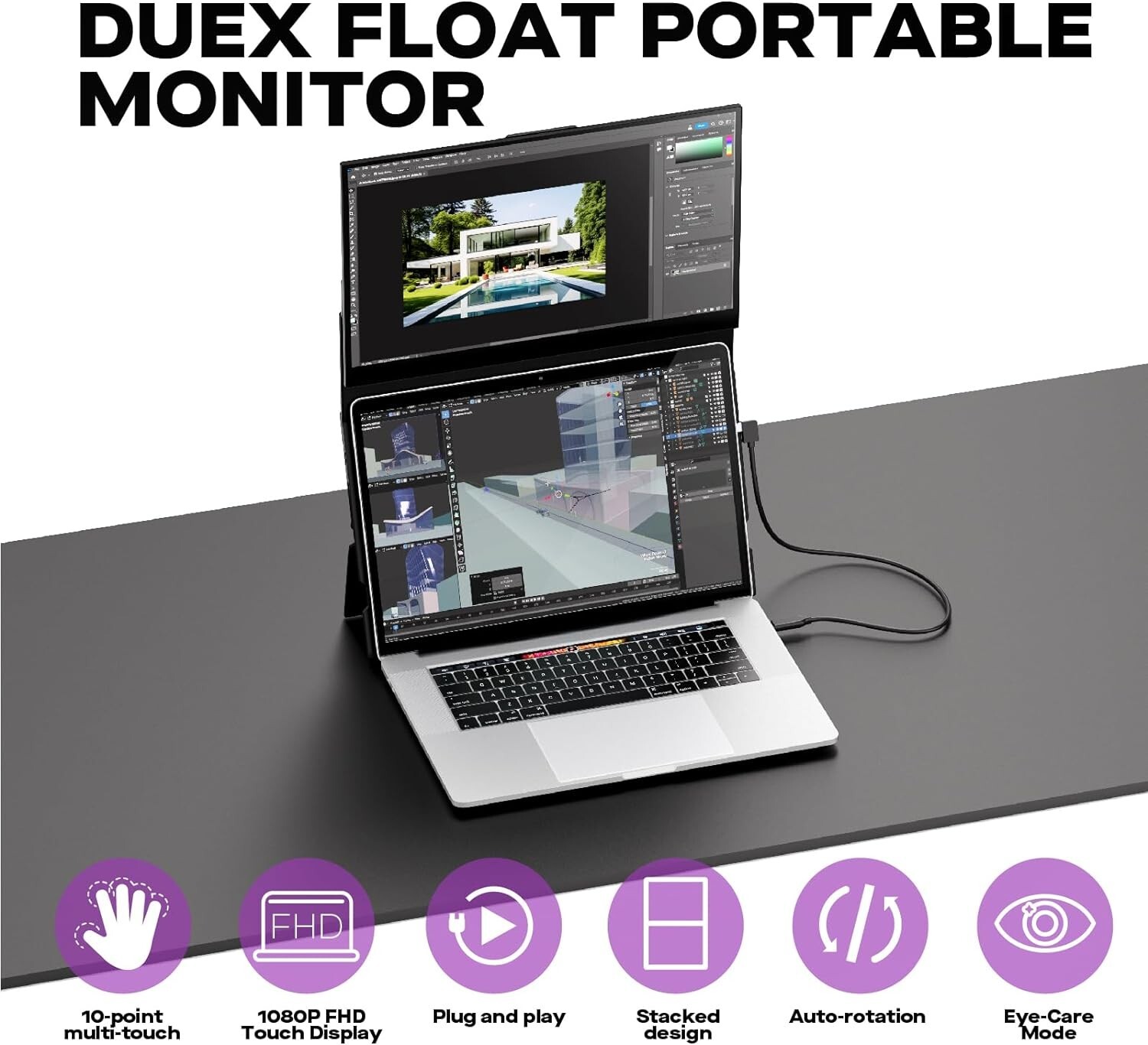 Mobile Pixels 15.6″ Duex Float Portable Stacked Touchscreen Monitor 101-1011P01