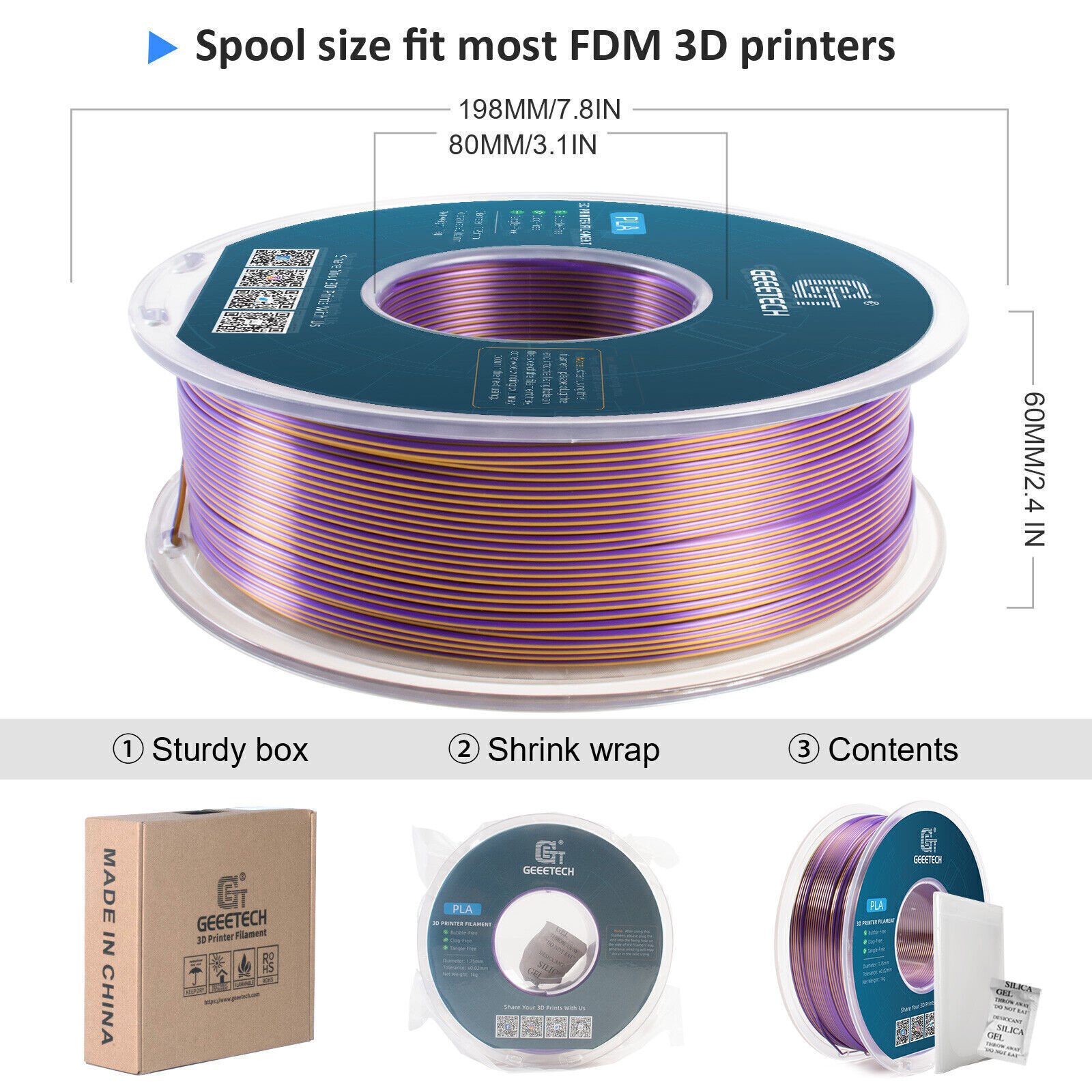 GEEETECH 3D Printer Filament 1KG PLA Silk Dual/Tricolor Silk Gradient Silky PLA