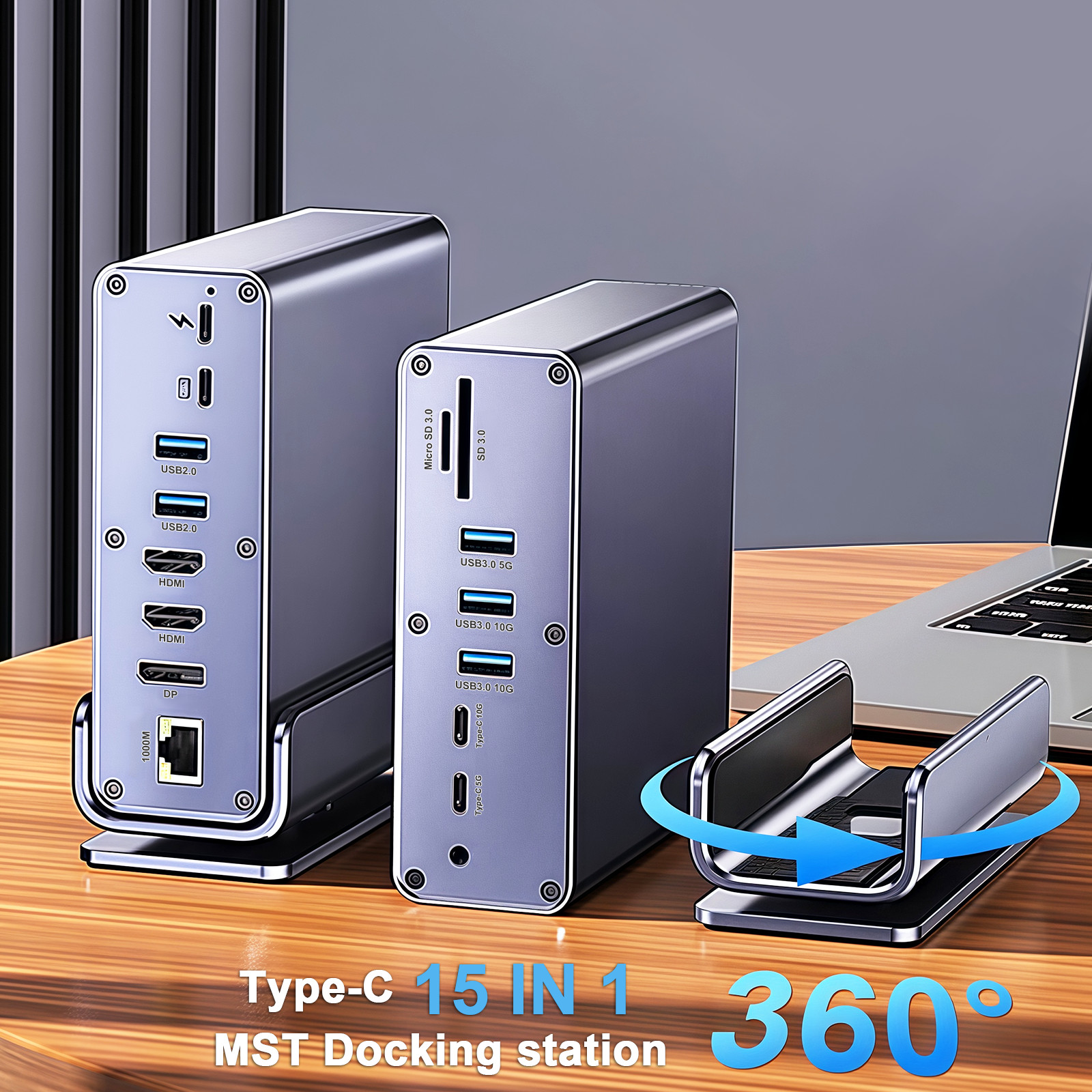 Vertical Type C 3 monitors Docking Station Dual HDMI 4K@60HZ USB 3.2 RJ45 1000M