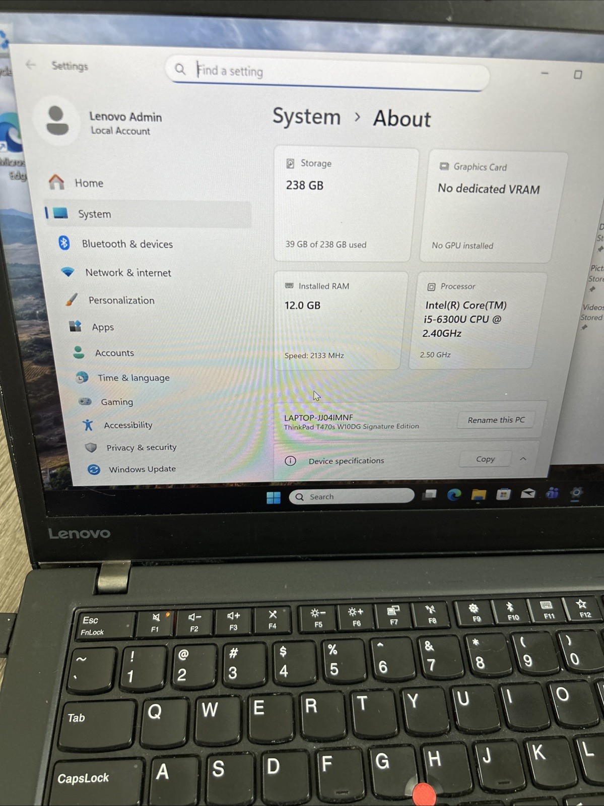 Lenovo ThinkPad T470s CPU – Intel Core i5-6300U/ 12GB / 256GB SSD Windows 11 Pro