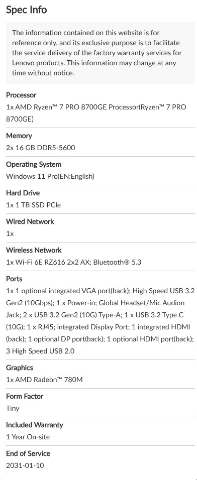 Lenovo M75q Gen 5: Ryzen 7 Pro 8700GE, 2x 16 GB DDR5-5600, 1TB SSD