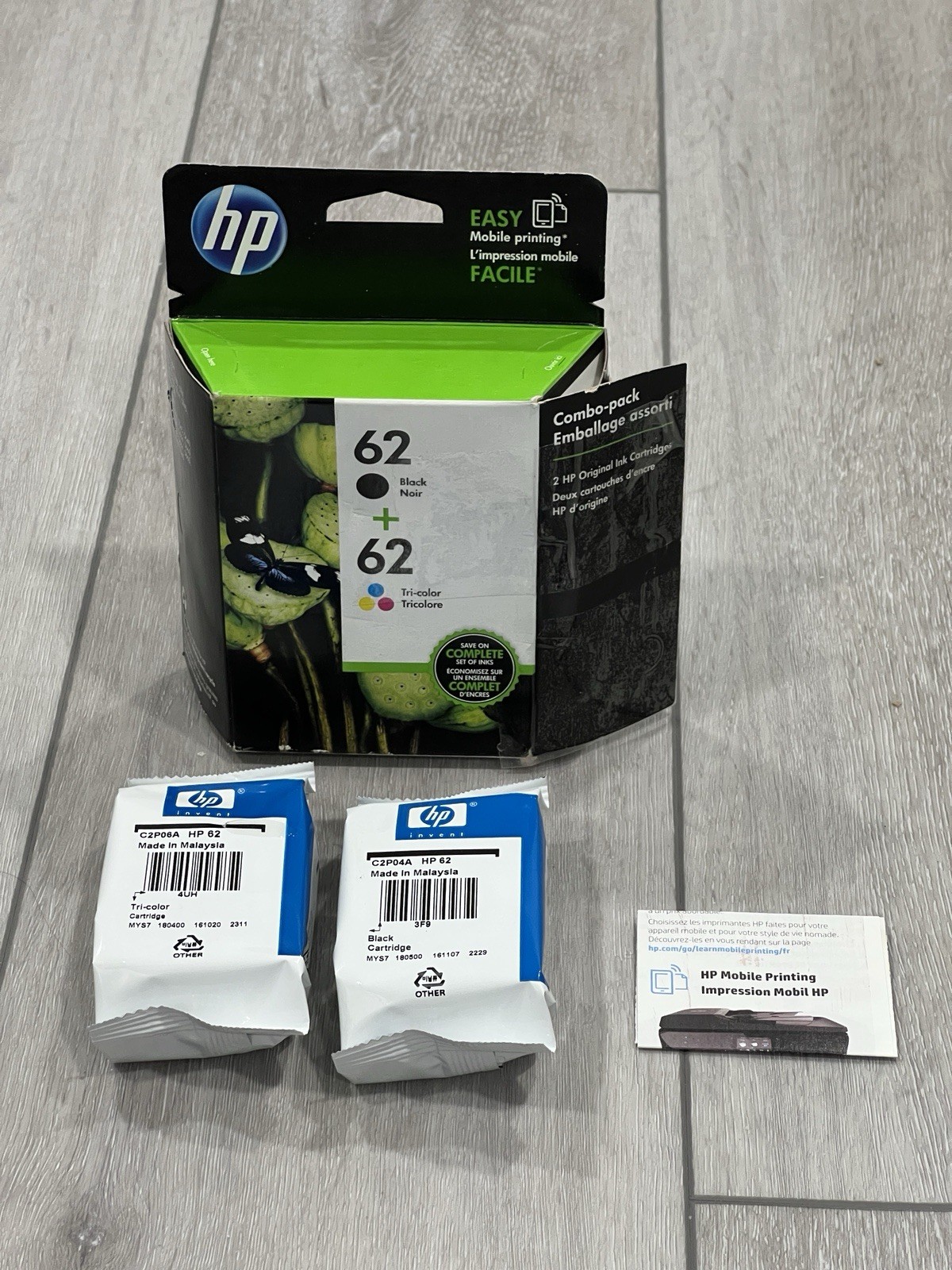 HP 62 2-pack Black & Tri-color Original Printer Ink Cartridges Exp Oct 2018