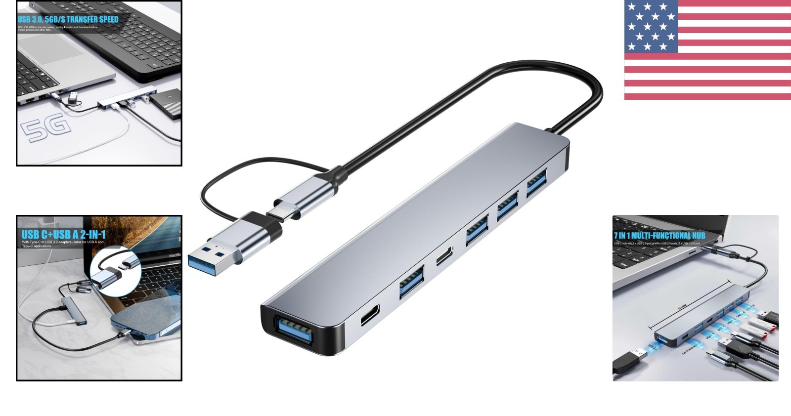 Aluminum 7 in 1 USB C Hub – High-Speed Data Transfer for Multiple Devices