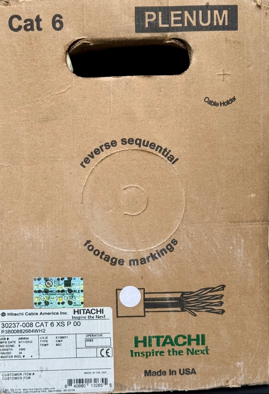 HITACHI Cable 30237-008 CAT6 XS P CMP Plenum White – 1000 FEET