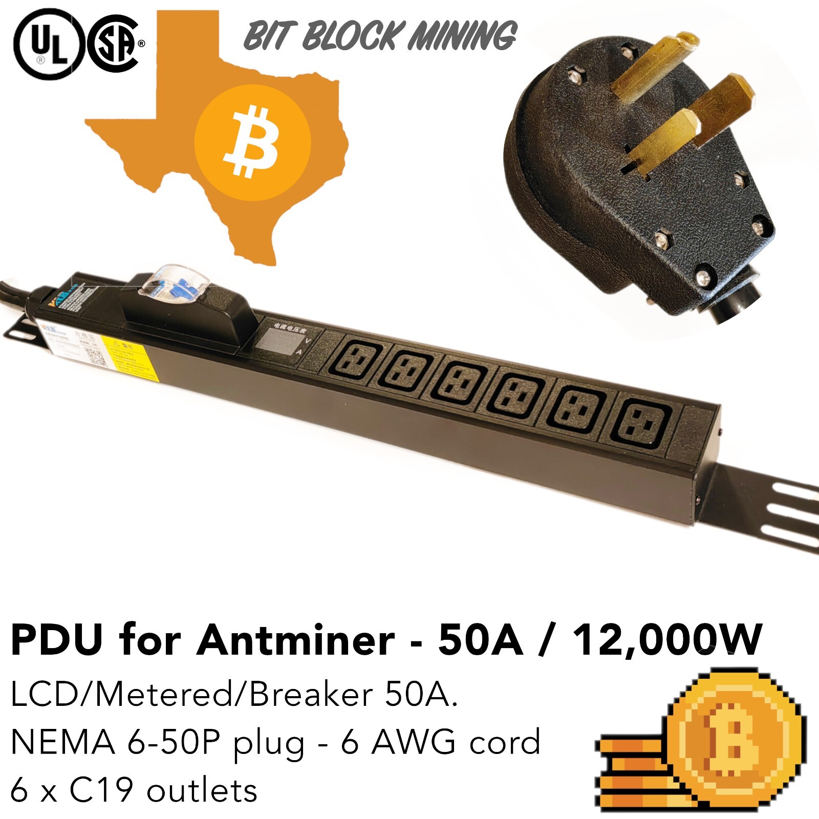 LCD Metered/Breaker Mining PDU 240V 50A Nema 6-50P 6-Ports C19 Cord 6.5F long TX