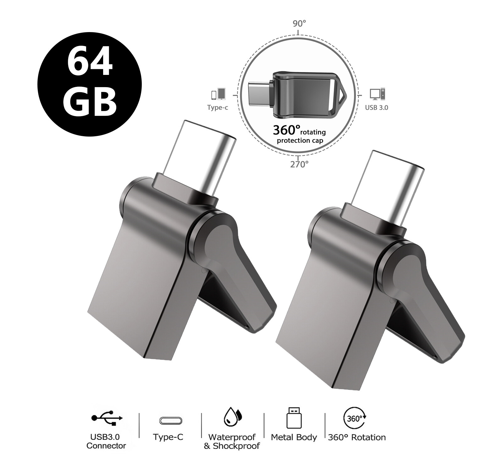 64GB Waterproof Dual Type-C OTG 3.0 USB C Port Flash Drive Mini Memory Stick Lot