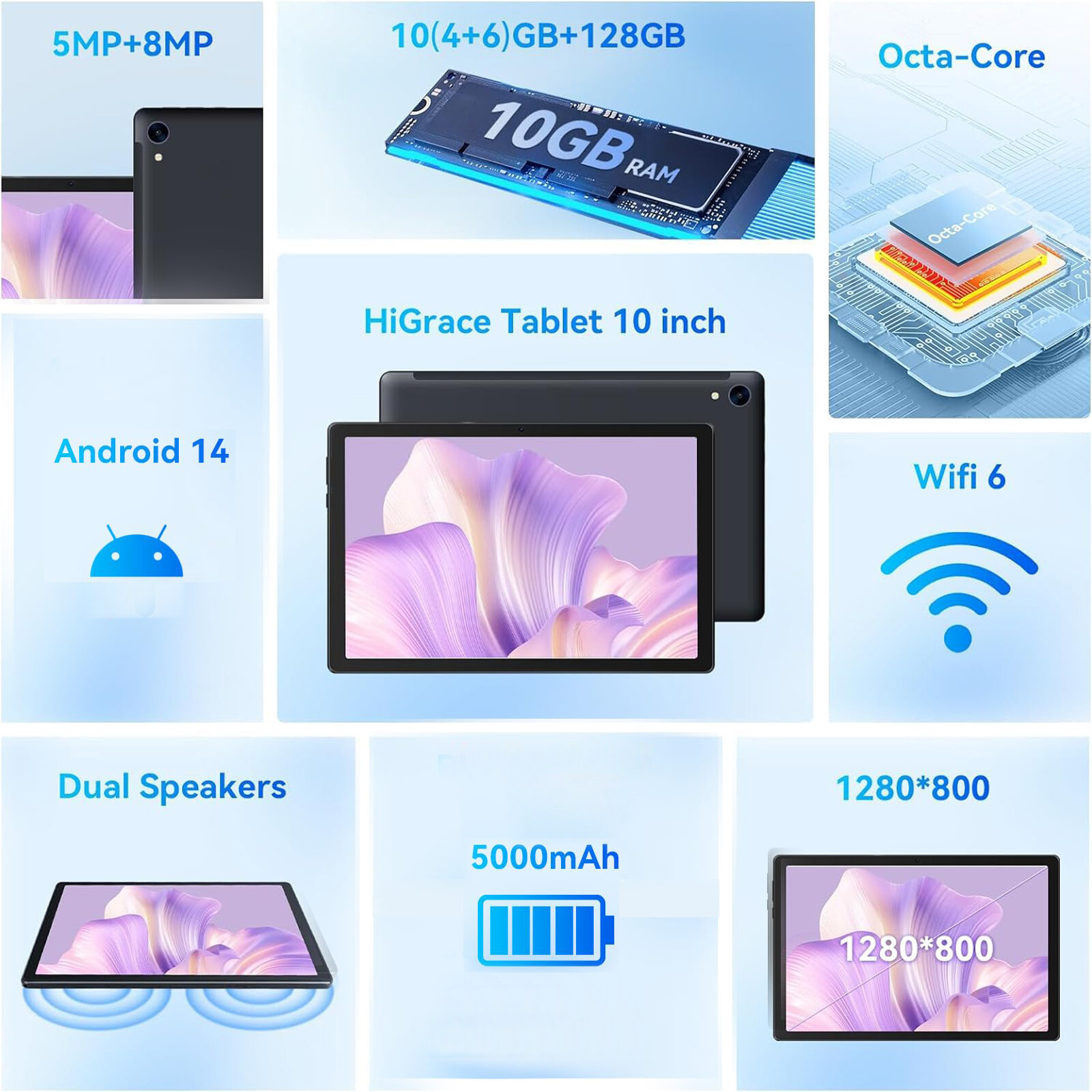 AEEZO 10 inch Octa-Core Android 14 Tablet 10+128GB,Dual Camera Bluetooth WIFI