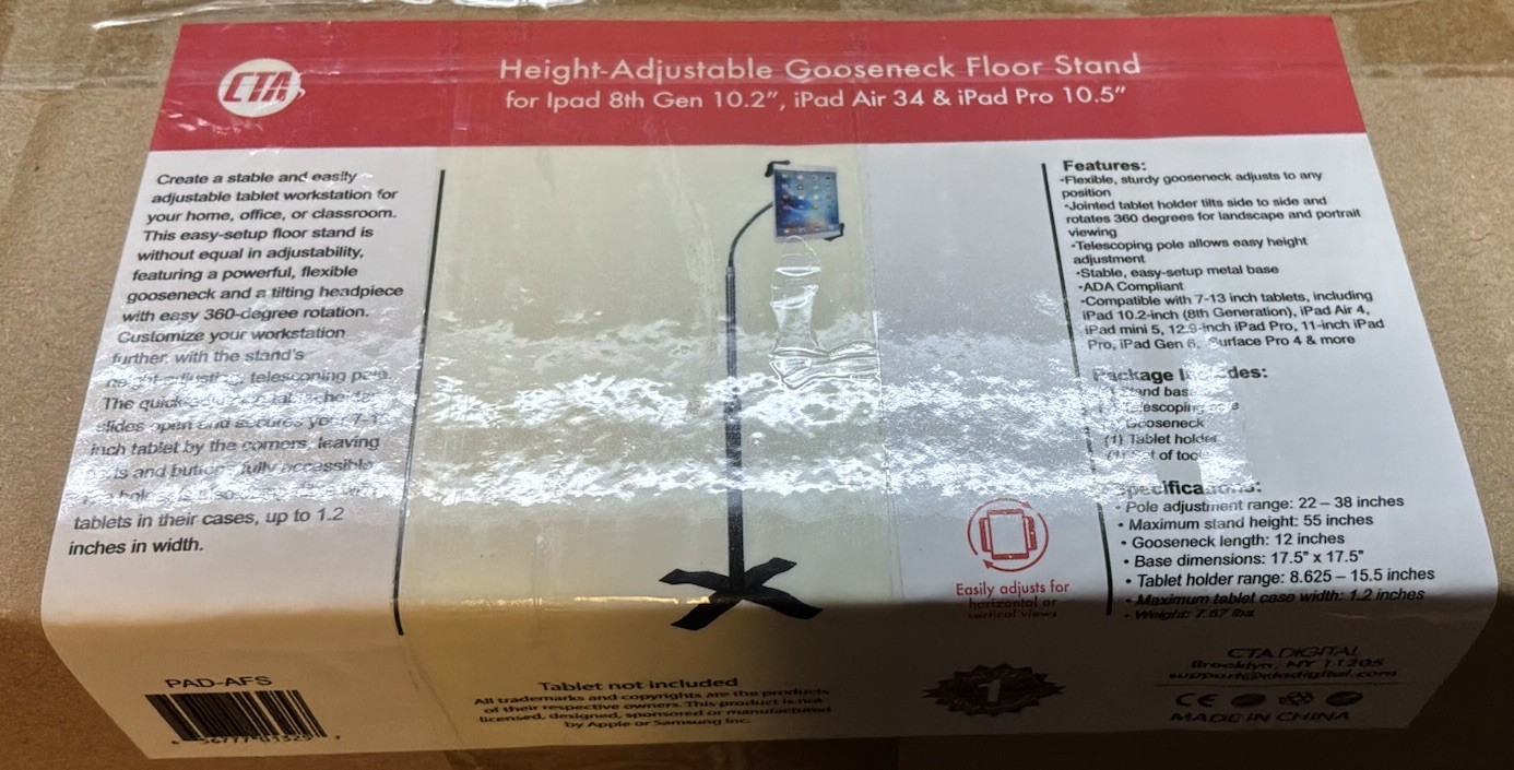 CTA Height-Adjustable Gooseneck Floor Stand for 7″–13″ Tablets NEW SEALED IN BOX