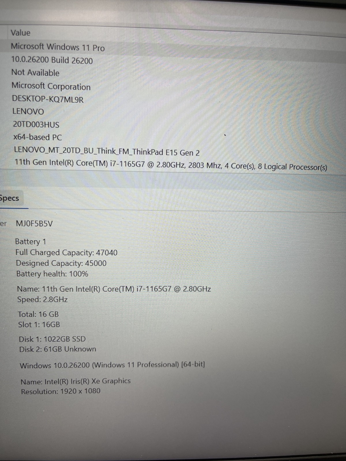 Lenovo ThinkPad E15 Gen 2 Touch i7-1165G7 2.80GHz 16GB RAM 1TB SSD Win 11 Pro