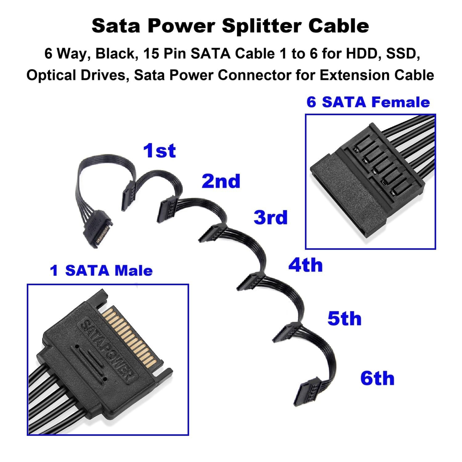 Sata Power Splitter Cable 5.5 inches, 6 Way, Black, 15 Pin SATA Cable 1 to 6 for