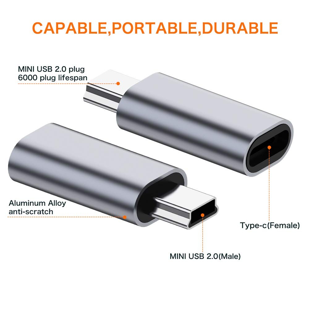 USB C to Mini USB 2.0 Adapter, 2PackType C Female to Mini USB 2.0 Male Conver…