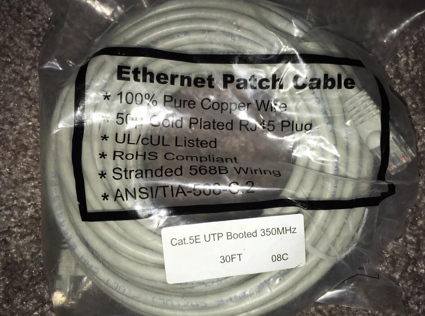 Cat5e Ethernet Patch Cable RJ45 Stranded 350Mhz UTP Copper Wire 30ft Gray