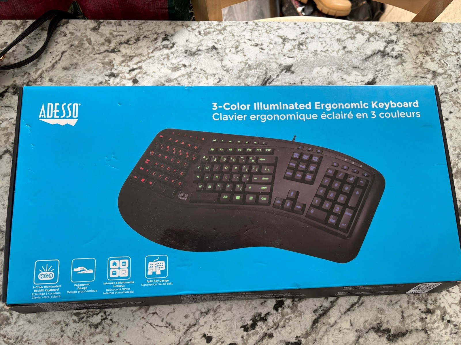 Adesso Tru-Form 150 3-Color Illuminated USB Ergonomic Keyboard AKB-150EB